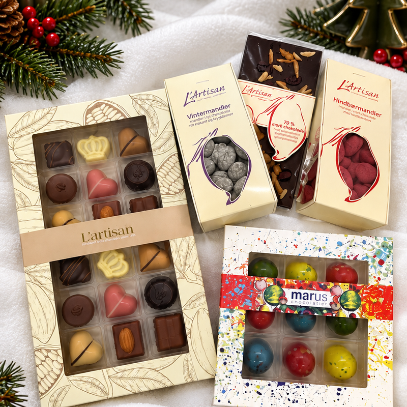 27 fyldte chokolader, mandler & chokoladeplade