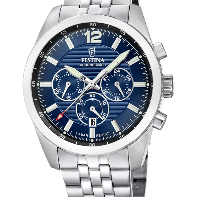 Festina Timeless Chronograph herreur i stål med blå skive